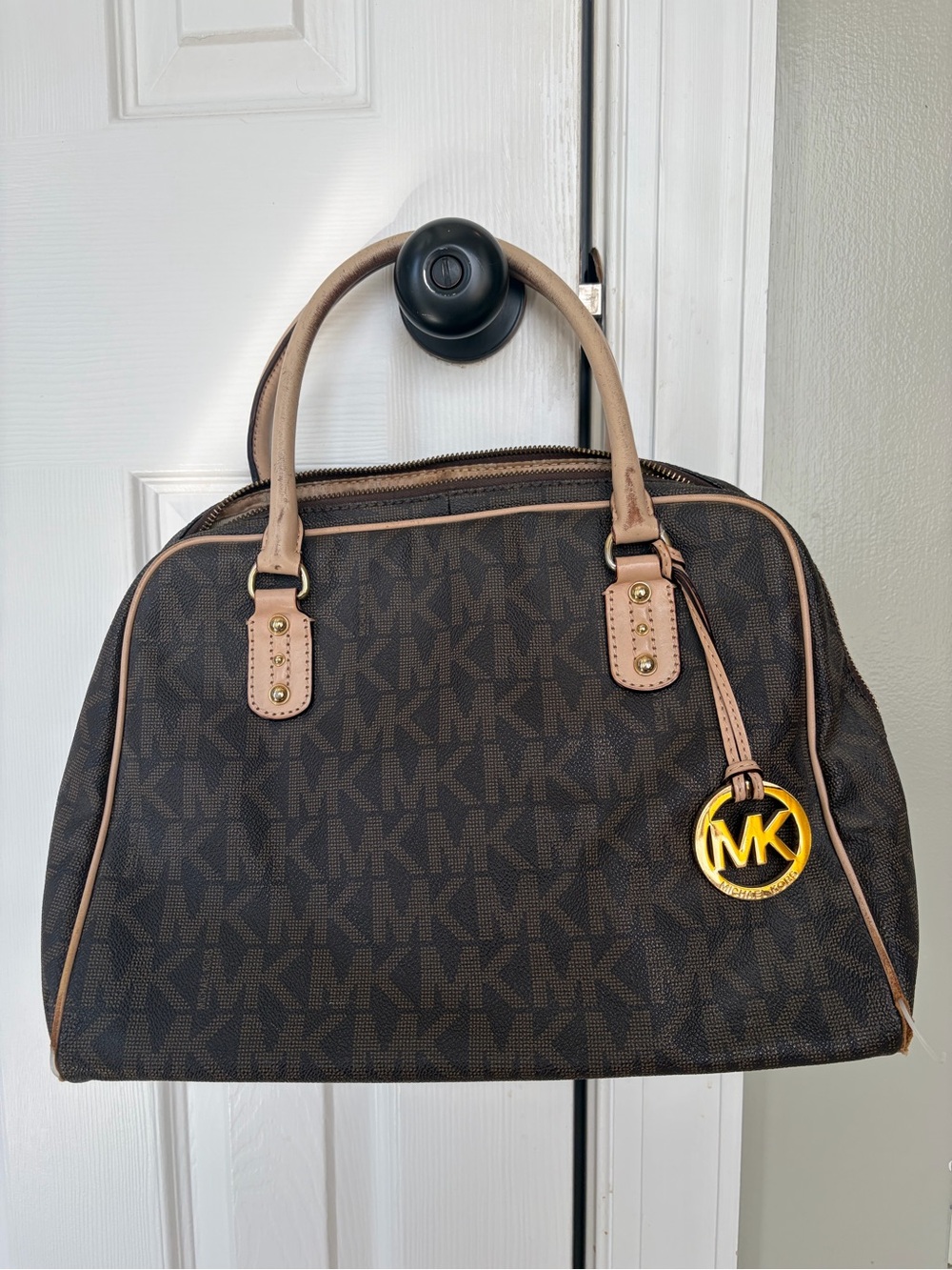 Michael Kors Dark Brown MK Logo Dome Satchel with Light Tan Trim